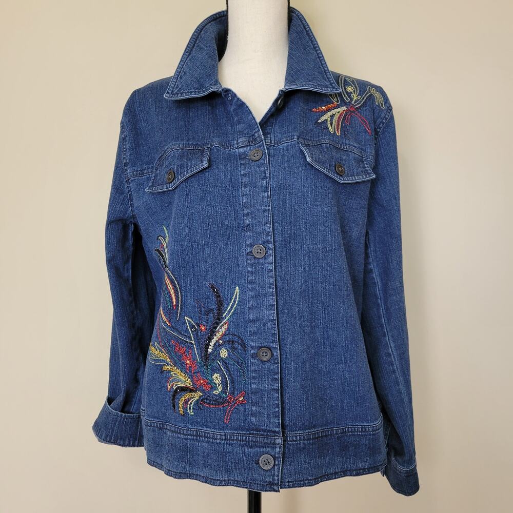 Vintage Marsh Landing L Denim Jean Jacket Embroidered Beaded Long Sleeve